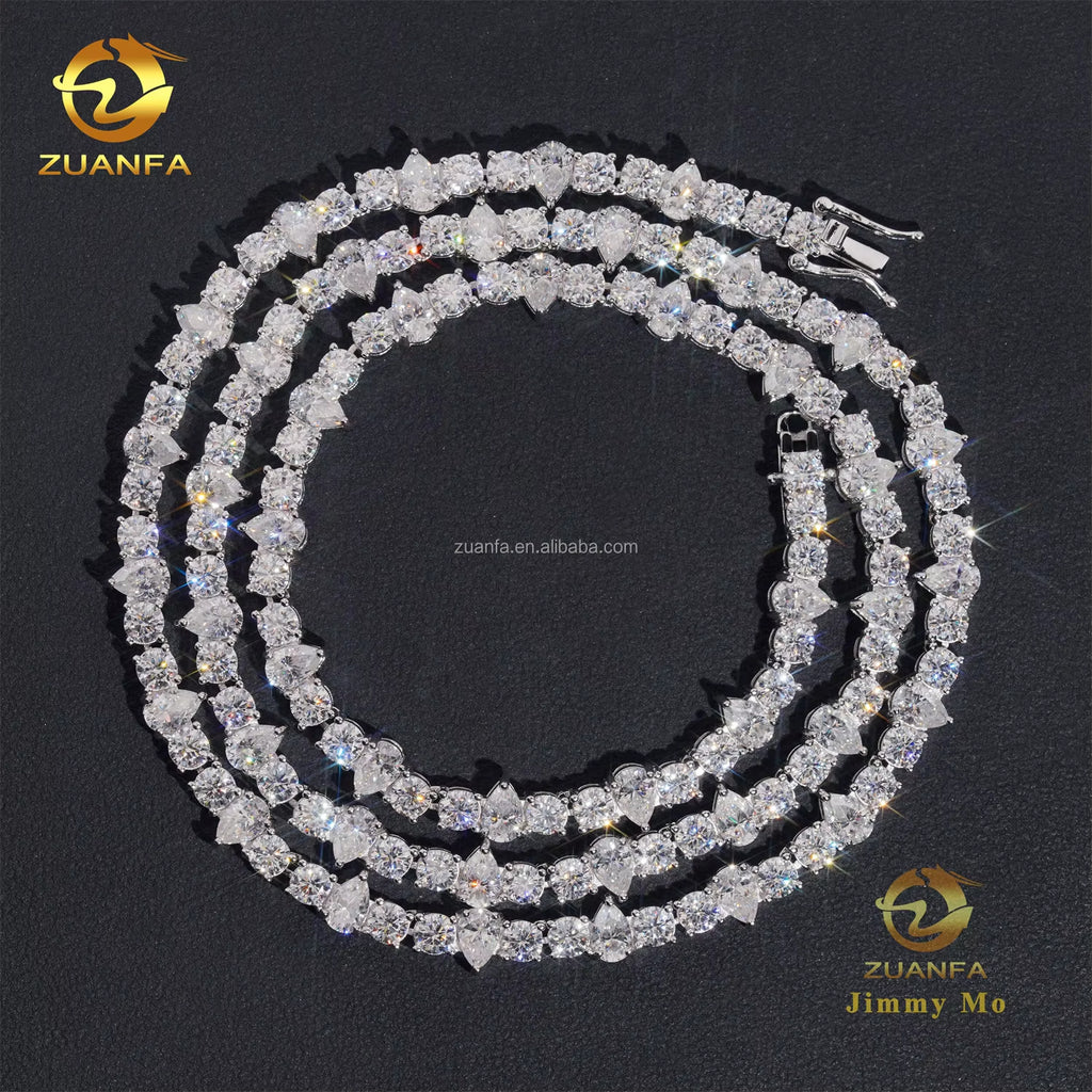 New Design Unique Elegant Style Claw Setting 4Mm Upside down 925 Solid Silver Rhodium Plated VVS Moissanite Pear Tennis Chain
