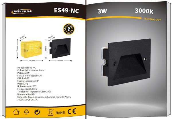Faretto Segnapassi Ip65 Led 3W Incasso Scatola 503 Per Scale Giardino 3000K/Nero