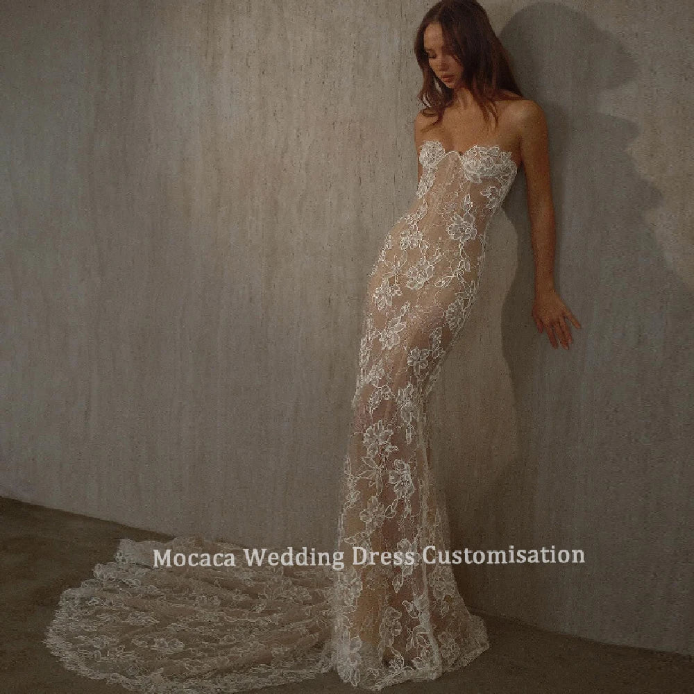 Mocaca Customized Sexy Illusion Lace Bridal Dress Strapless Fitted Mermaid Silhouette Chapel Train for Modern Wedding Dress