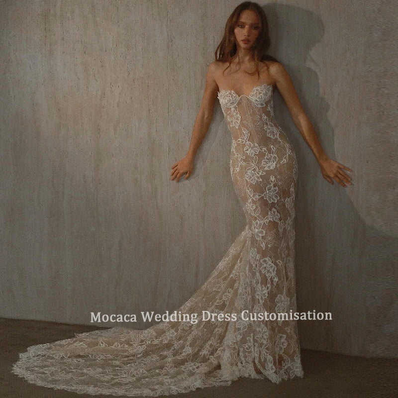 Mocaca Customized Sexy Illusion Lace Bridal Dress Strapless Fitted Mermaid Silhouette Chapel Train for Modern Wedding Dress