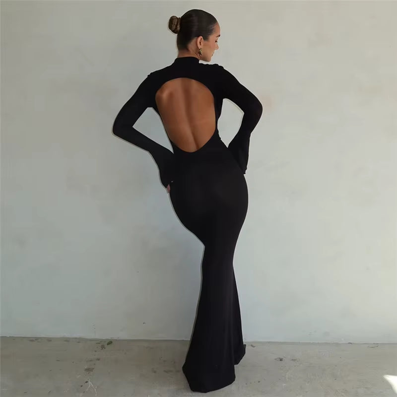 Women'S Clothes Event Evening Dresses Sexy Elegant Crew Neck Long Sleeve Black Bodycon Knit Open Back Backless Maxi Dress