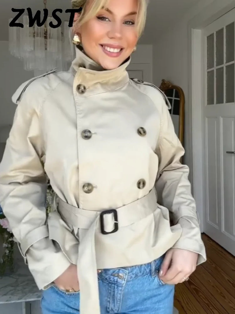 Fashion Flared Sleeve Women Coat Elegant Stand Collar Single Breasted Long Sleeved Female Jacket 2025 Autumn Commuter Lady Coats