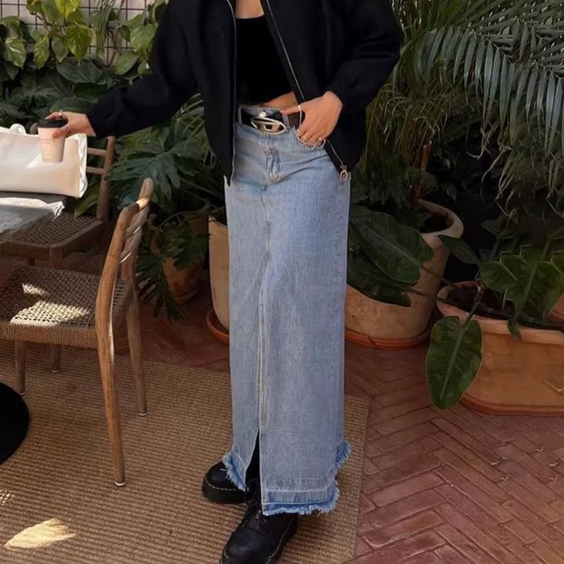 Hot Style Streetwear Elegant Slit Blue High Waist Denim Skirt Casual Straight Long Skirts for Women