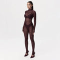 Sexy Transparent Lace Jumpsuit Long Sleeved High Neck Bodysuit Tight Romper Women'S Party Nightclub Party Streetwear