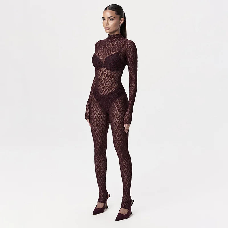 Sexy Transparent Lace Jumpsuit Long Sleeved High Neck Bodysuit Tight Romper Women'S Party Nightclub Party Streetwear