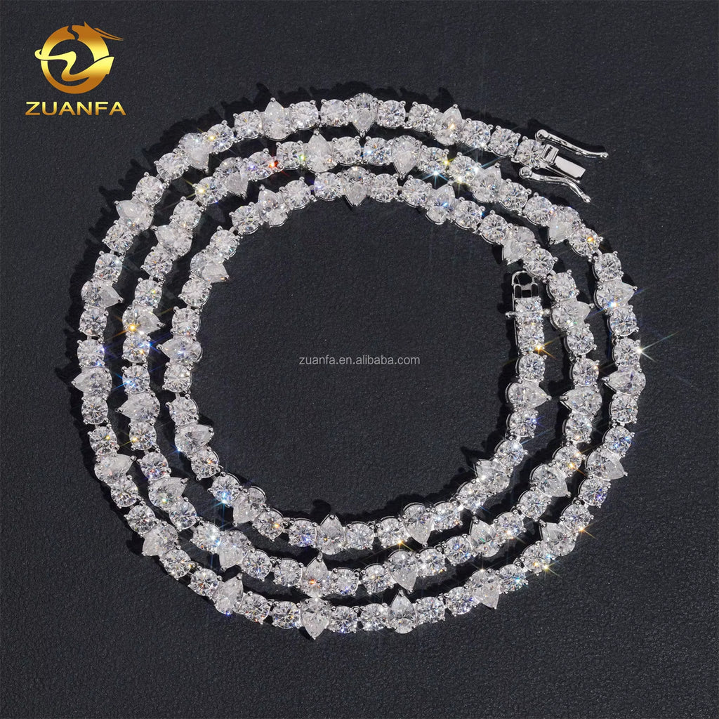 New Design Unique Elegant Style Claw Setting 4Mm Upside down 925 Solid Silver Rhodium Plated VVS Moissanite Pear Tennis Chain