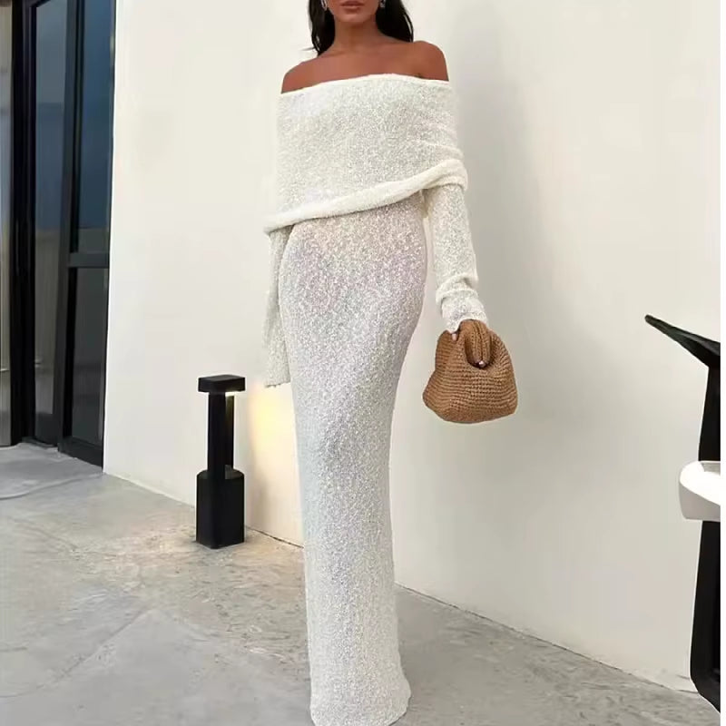 Summer Fall 2024 Women'S Knitwear Bodycon See Though Sexy Elegant Long Sleeve off Shoulder Maxi Knitted Dress