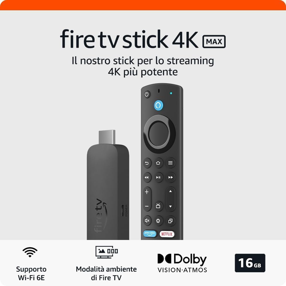 Amazon Fire Tv Stick 4K MAX (Wi-Fi 6E) Telecomando Vocale Alexa Android Dolby Vision