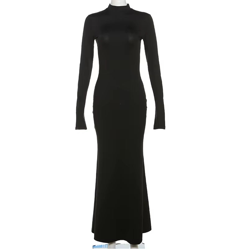 Women'S Clothes Event Evening Dresses Sexy Elegant Crew Neck Long Sleeve Black Bodycon Knit Open Back Backless Maxi Dress