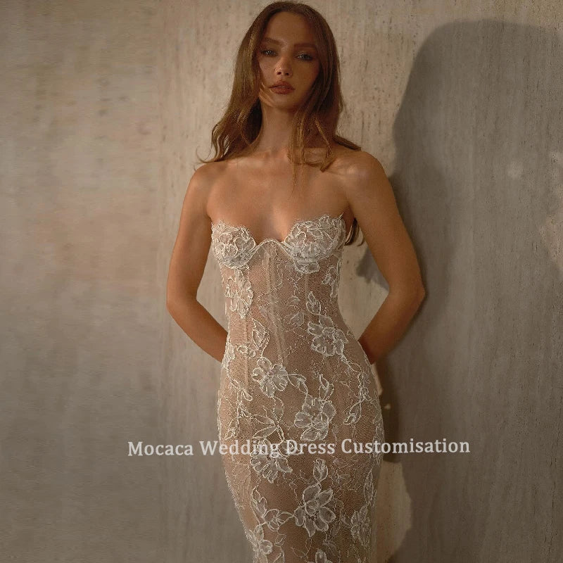 Mocaca Customized Sexy Illusion Lace Bridal Dress Strapless Fitted Mermaid Silhouette Chapel Train for Modern Wedding Dress