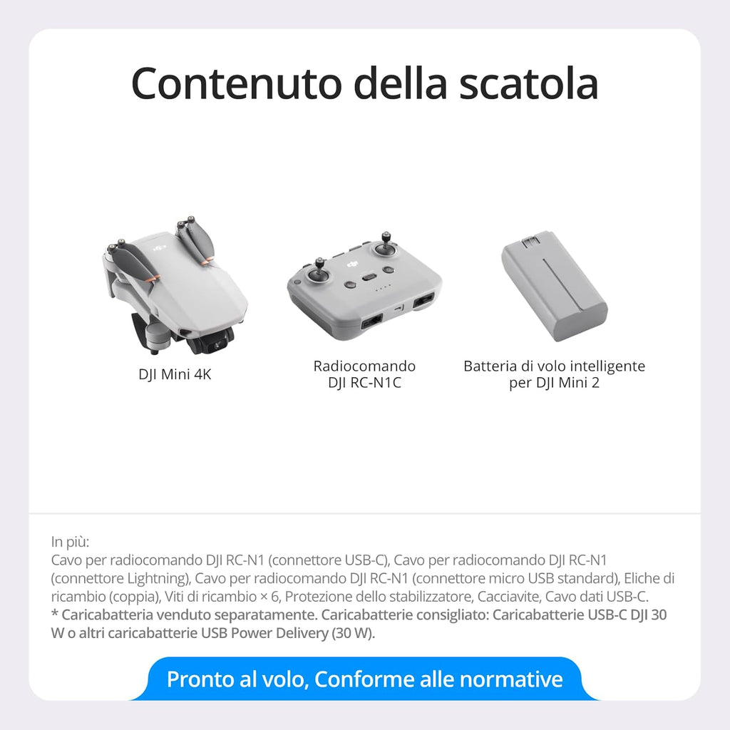 DJI Mini 4K, Drone per adulti, fotocamera 4K HD, Radiocomando RC-N1 Camera UHD < 249 g, stabilizzatore 3 assi, trasmissione video 10 km, return automatico, resistenza al vento, 1 batteria per tempo di volo 31', volo intelligente