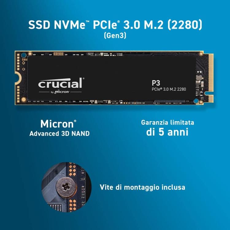 CRUCIAL P3 SSD INTERNO 500GB M2 2280 P3 NVME NVMe Internal MEMORIA PS5 / PC