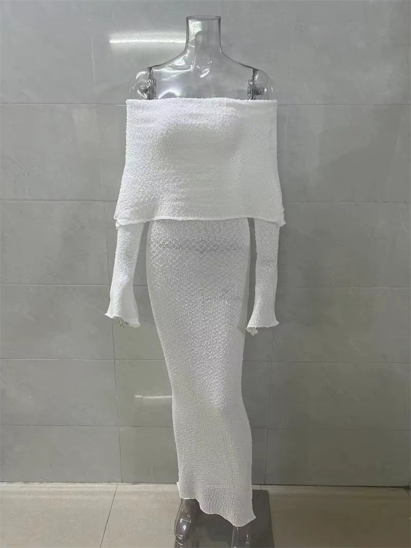 Summer Fall 2024 Women'S Knitwear Bodycon See Though Sexy Elegant Long Sleeve off Shoulder Maxi Knitted Dress