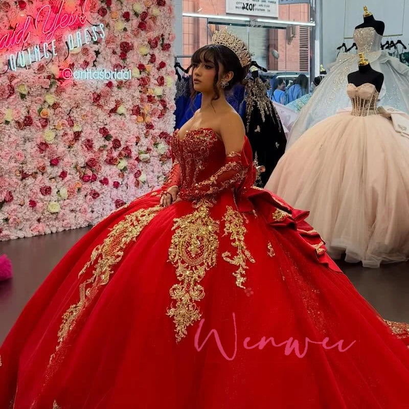 Sophie Store Customized Red Quinceanera Dree off the Shoulder Gold Applique Lace Beading Bow Tull Coret Party Birthday Sweet 16