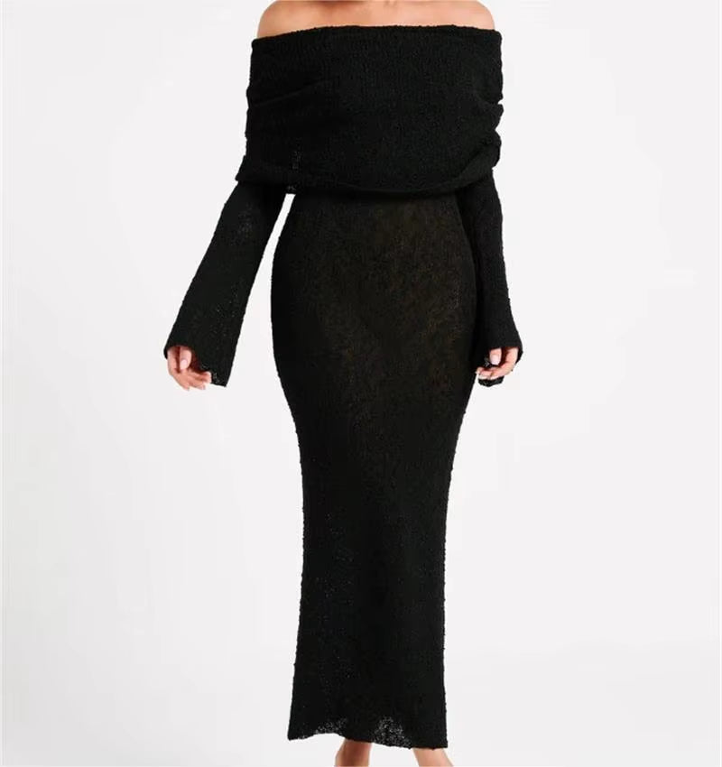 Summer Fall 2024 Women'S Knitwear Bodycon See Though Sexy Elegant Long Sleeve off Shoulder Maxi Knitted Dress