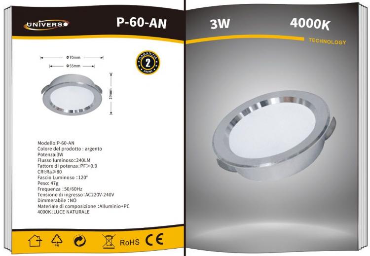 Faretto Led Rotondo Slim 3W 240Lm Da Incasso Opaco Luce Bianco Naturale Un-P60An