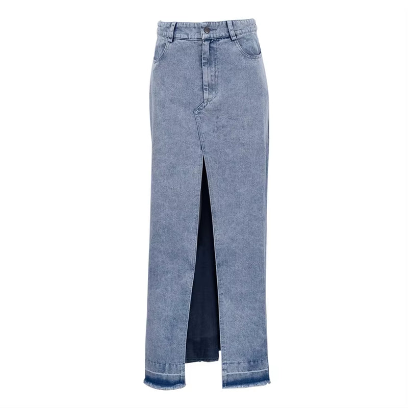 Hot Style Streetwear Elegant Slit Blue High Waist Denim Skirt Casual Straight Long Skirts for Women