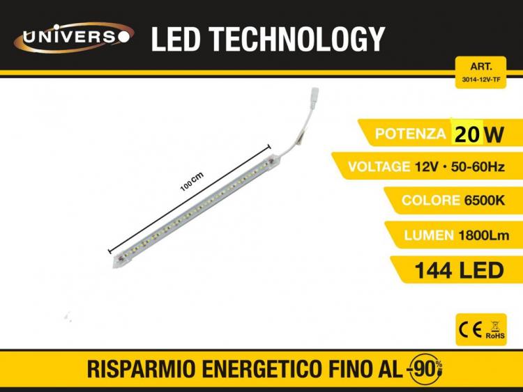 Barra Luminosa Striscia 144 Led 1m Alluminio Rigido 12v Sottopensile Luce Fredda