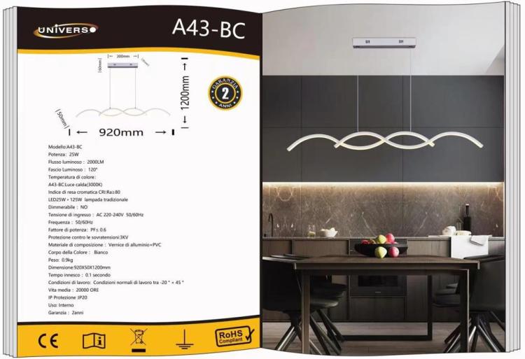 Lampadario A Sospensione Moderno Led Soffitto 25W Cucina Soggiorno Bianco Caldo
