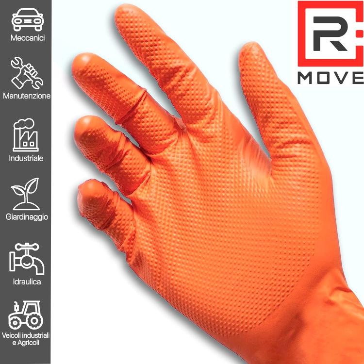 Rmove 50Pz 8.5Gr Da Lavoro Guanti Nitrile Arancione Senza Polvere Full Grip (L)
