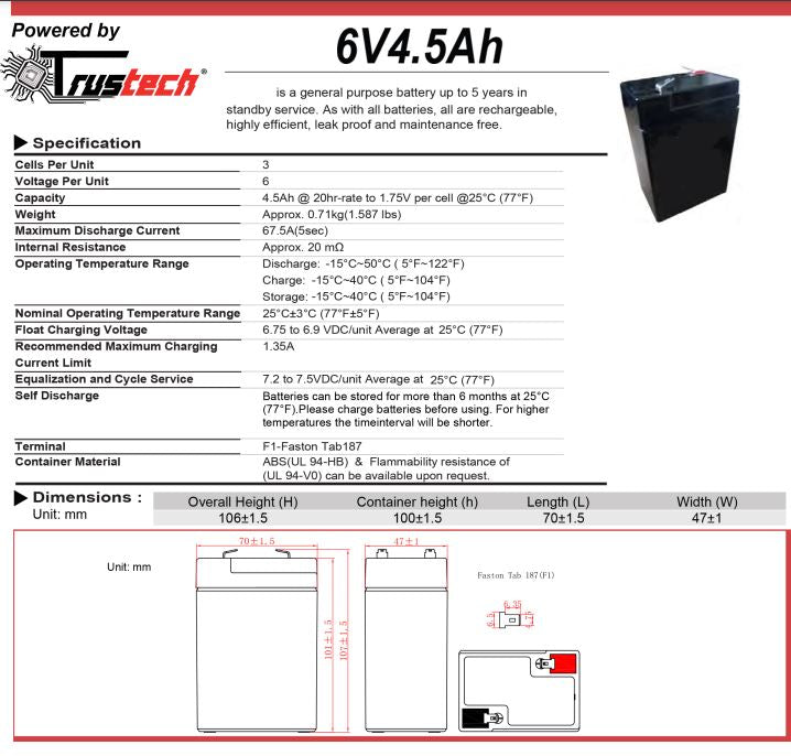 Trustech Batteria Ermetica Piombo 6V 4Ah 4,5Ah Ricaricabile Acido Auto Pegperego
