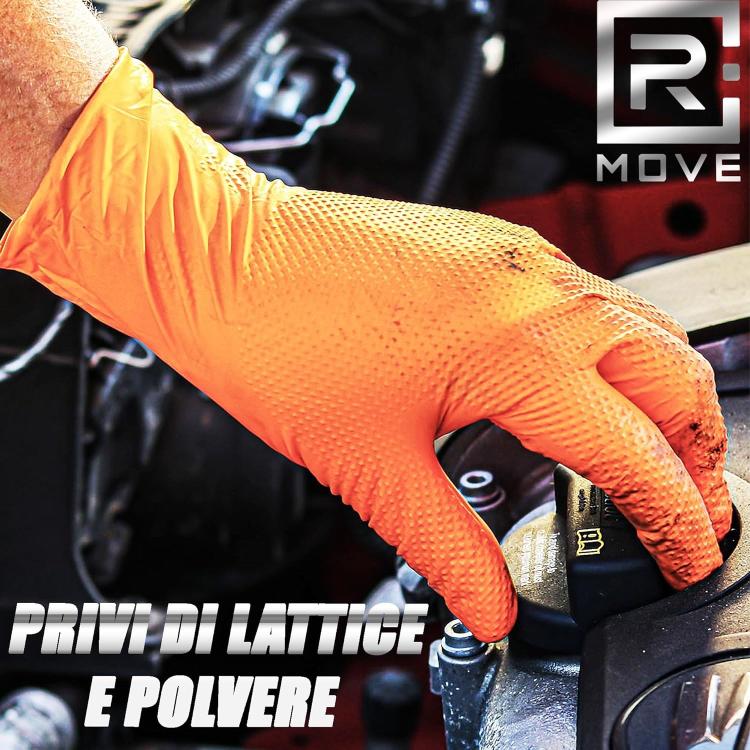 Rmove 100Pz 8.5Gr Da Lavoro Guanti Nitrile Arancione Senza Polvere Full Grip XL