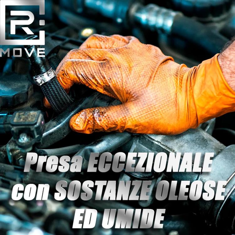 Rmove 100Pz 8.5Gr Da Lavoro Guanti Nitrile Arancione Senza Polvere Full Grip XL