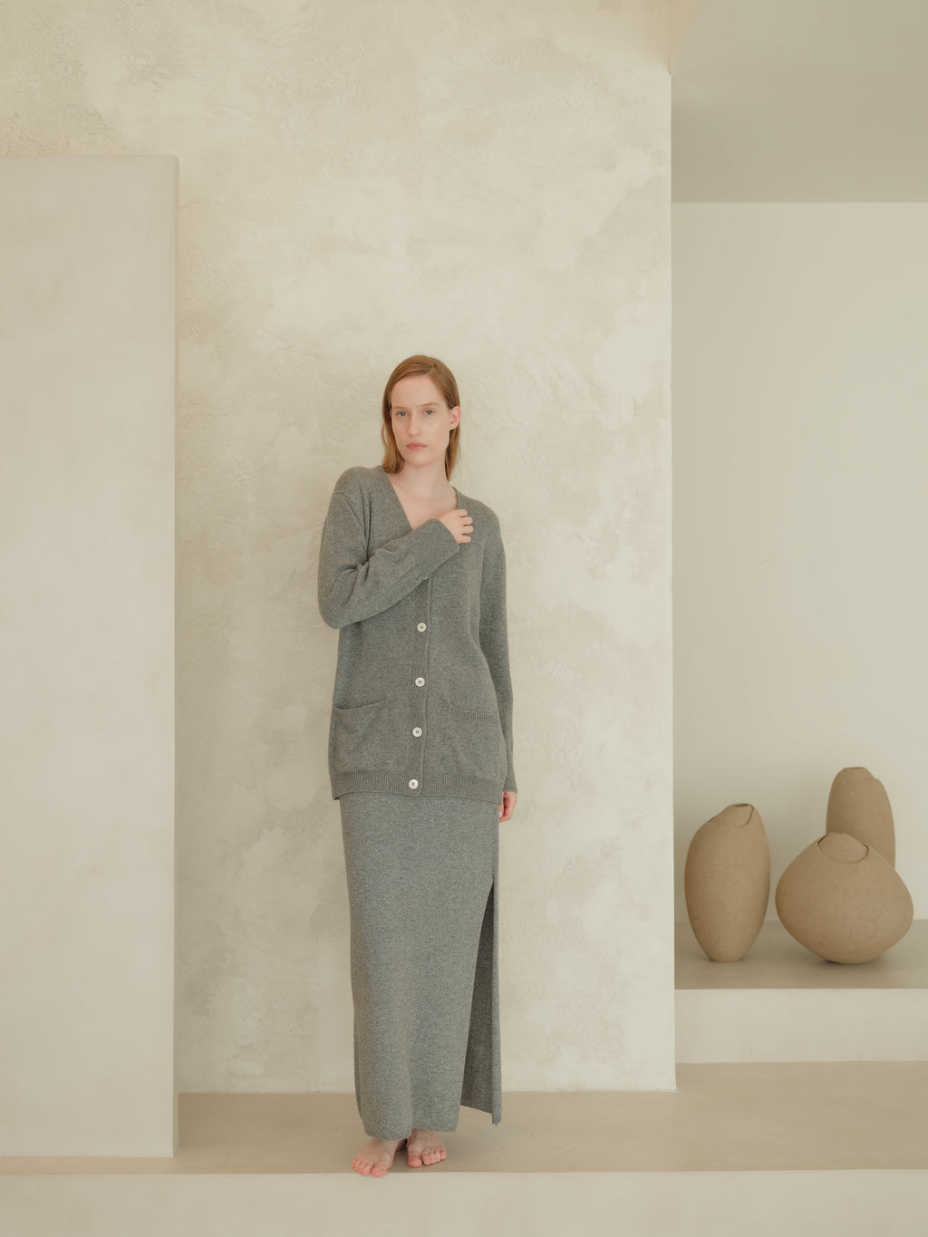 Cashmere Mix High-Waist Long Skirt With Side Slit (3D-Knit)