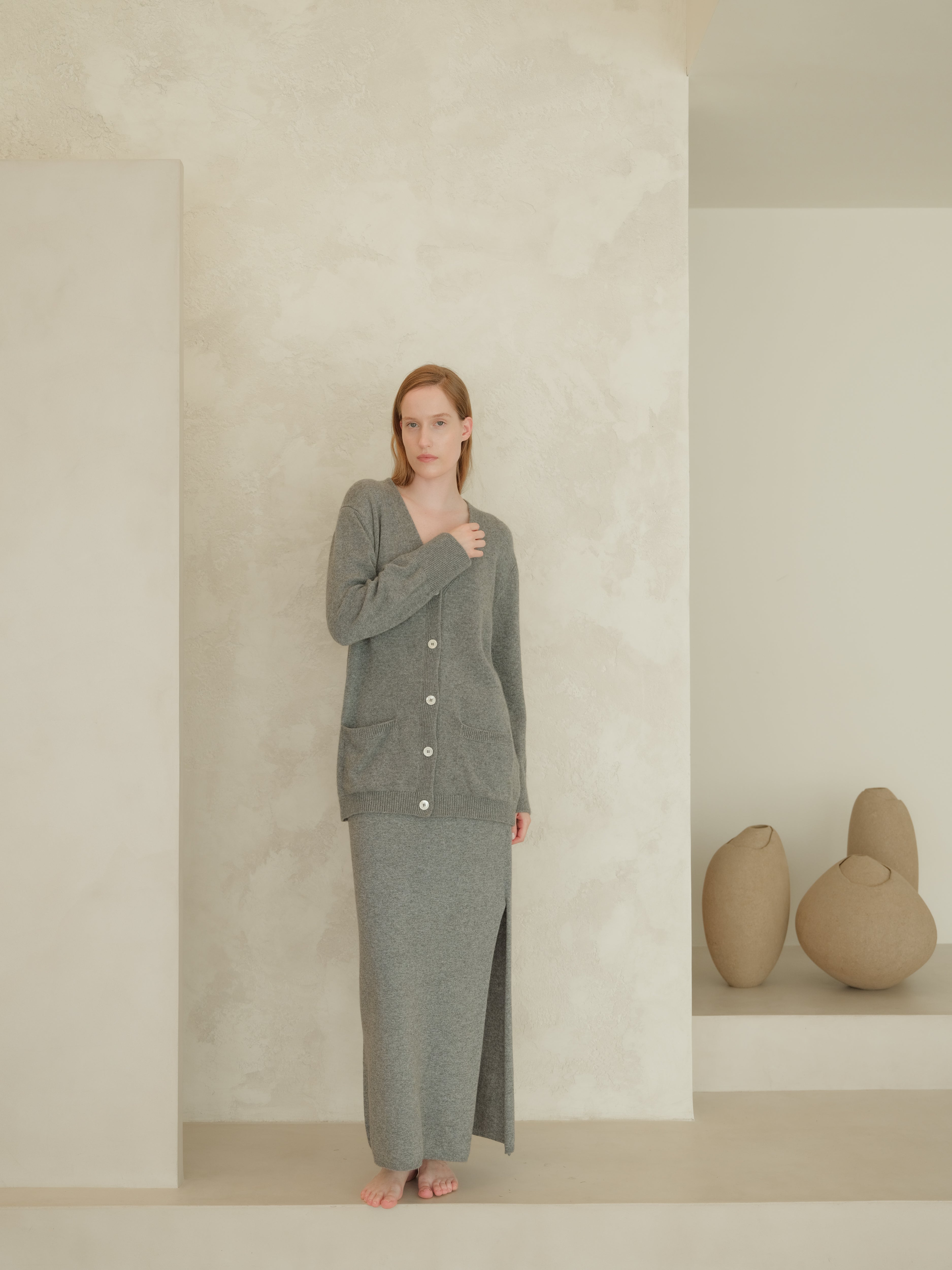 Cashmere Mix High-Waist Long Skirt With Side Slit (3D-Knit)
