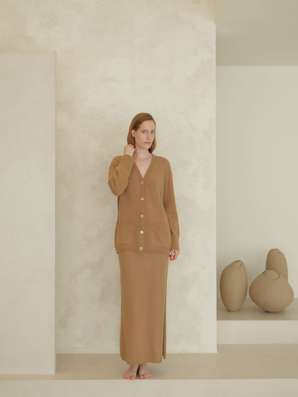 Cashmere Mix High-Waist Long Skirt With Side Slit (3D-Knit)