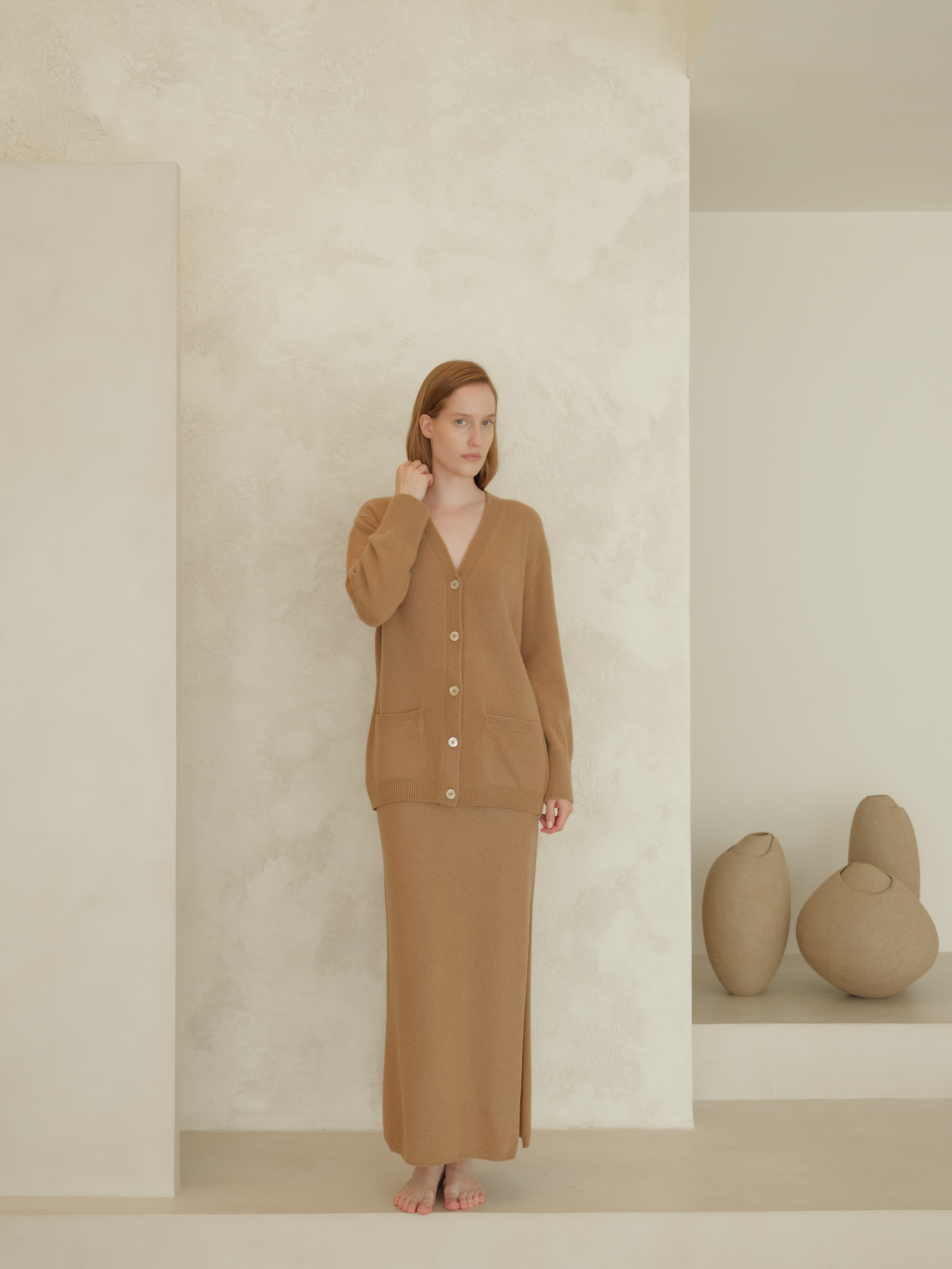 Cashmere Mix High-Waist Long Skirt With Side Slit (3D-Knit)