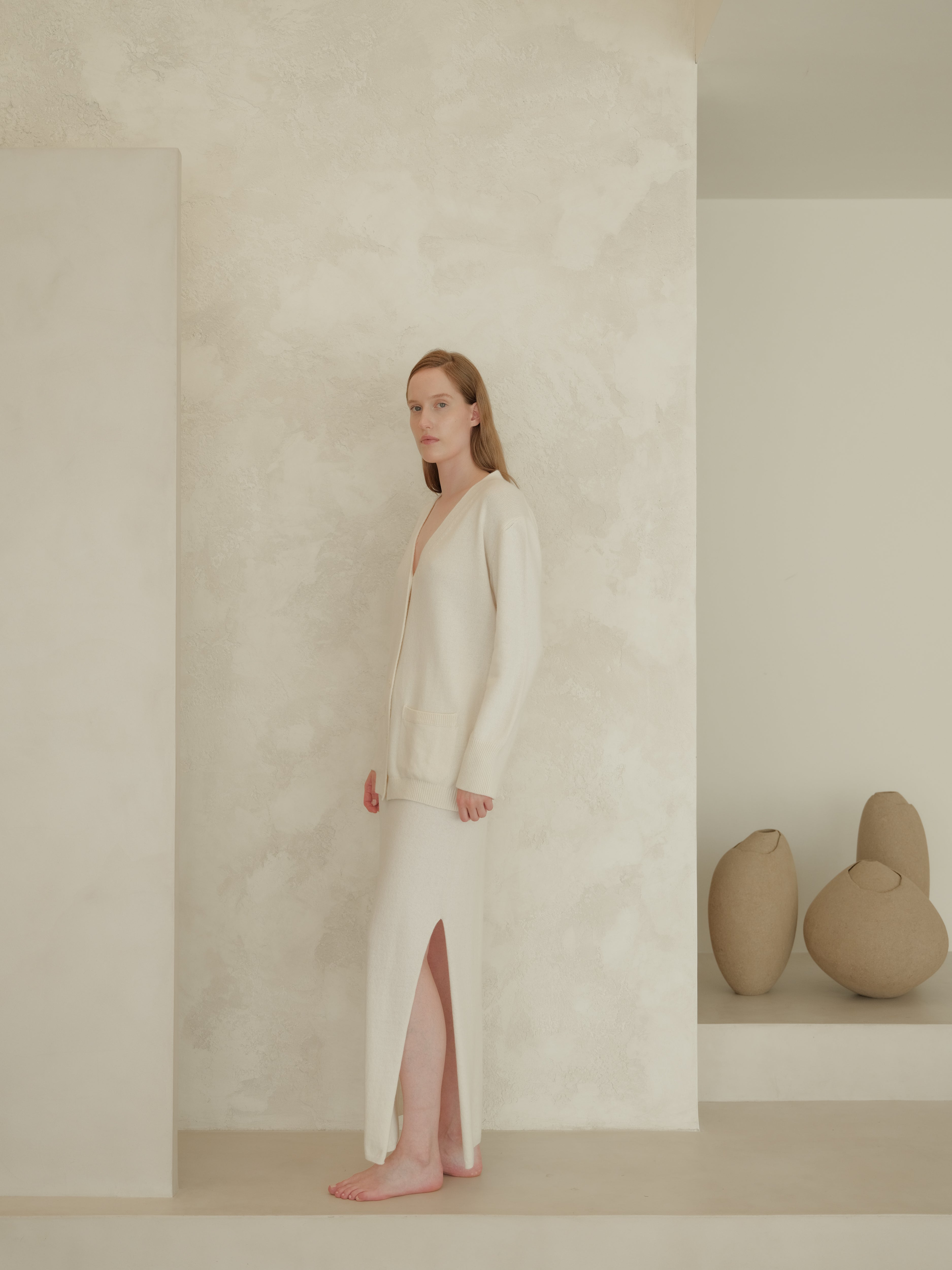 Cashmere Mix High-Waist Long Skirt With Side Slit (3D-Knit)