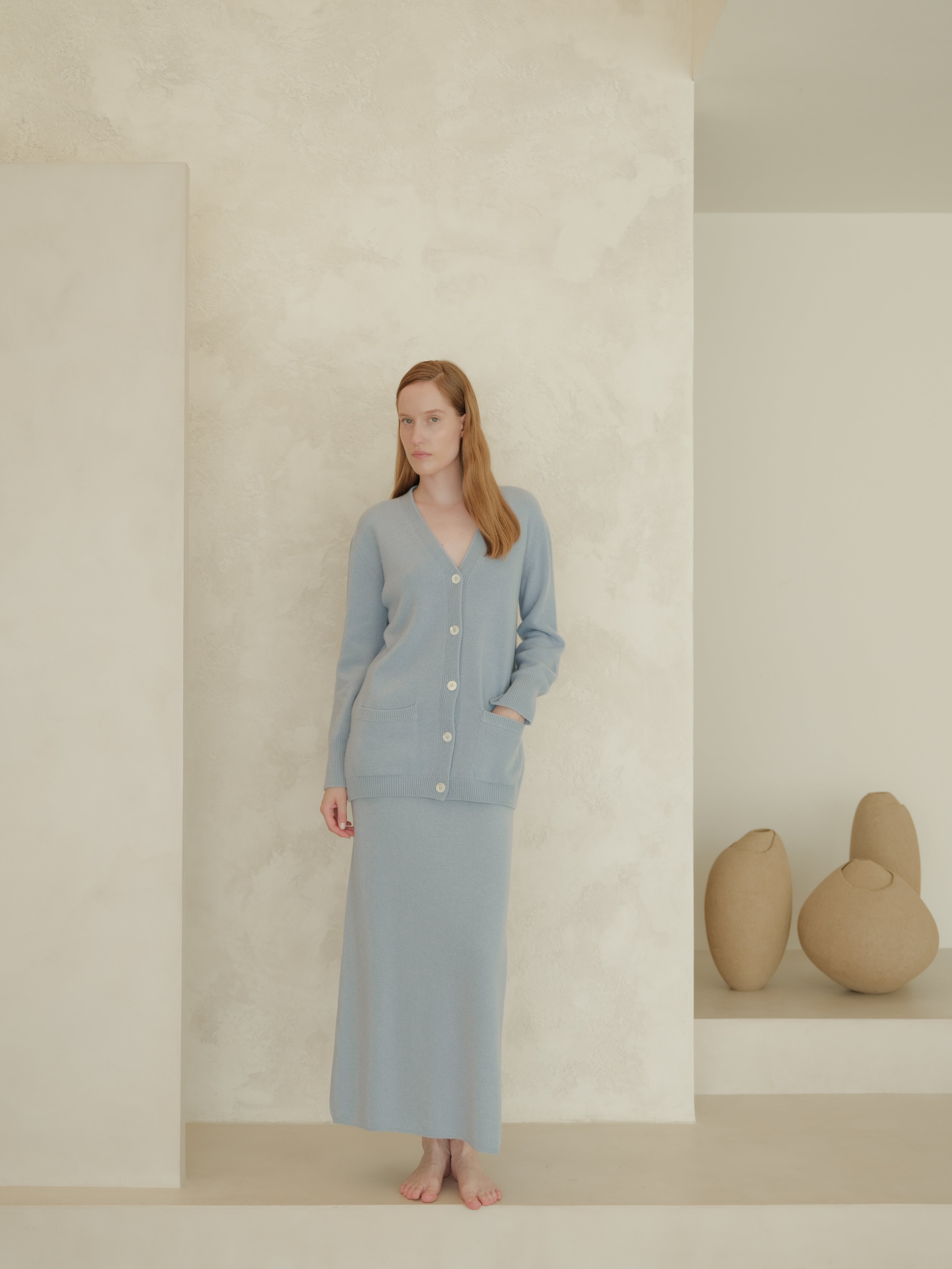 Cashmere Mix High-Waist Long Skirt With Side Slit (3D-Knit)