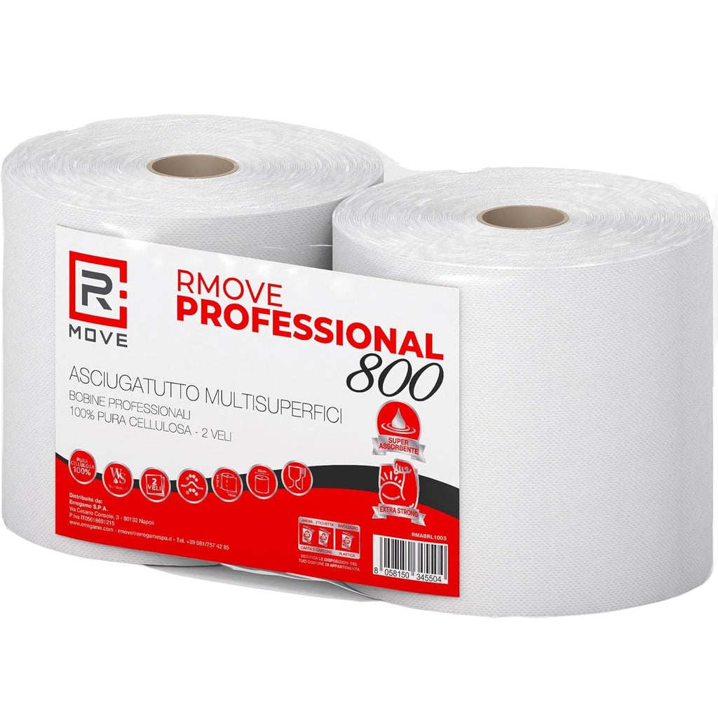 R Move 4 Rotoloni di Carta asciugatutto, Bobina industriale mani Professionale a 800 Strappi, Asiugamani Pura Cellulosa lunga durata extra resistente, assorbenti da cucina, 3200 strappi totali