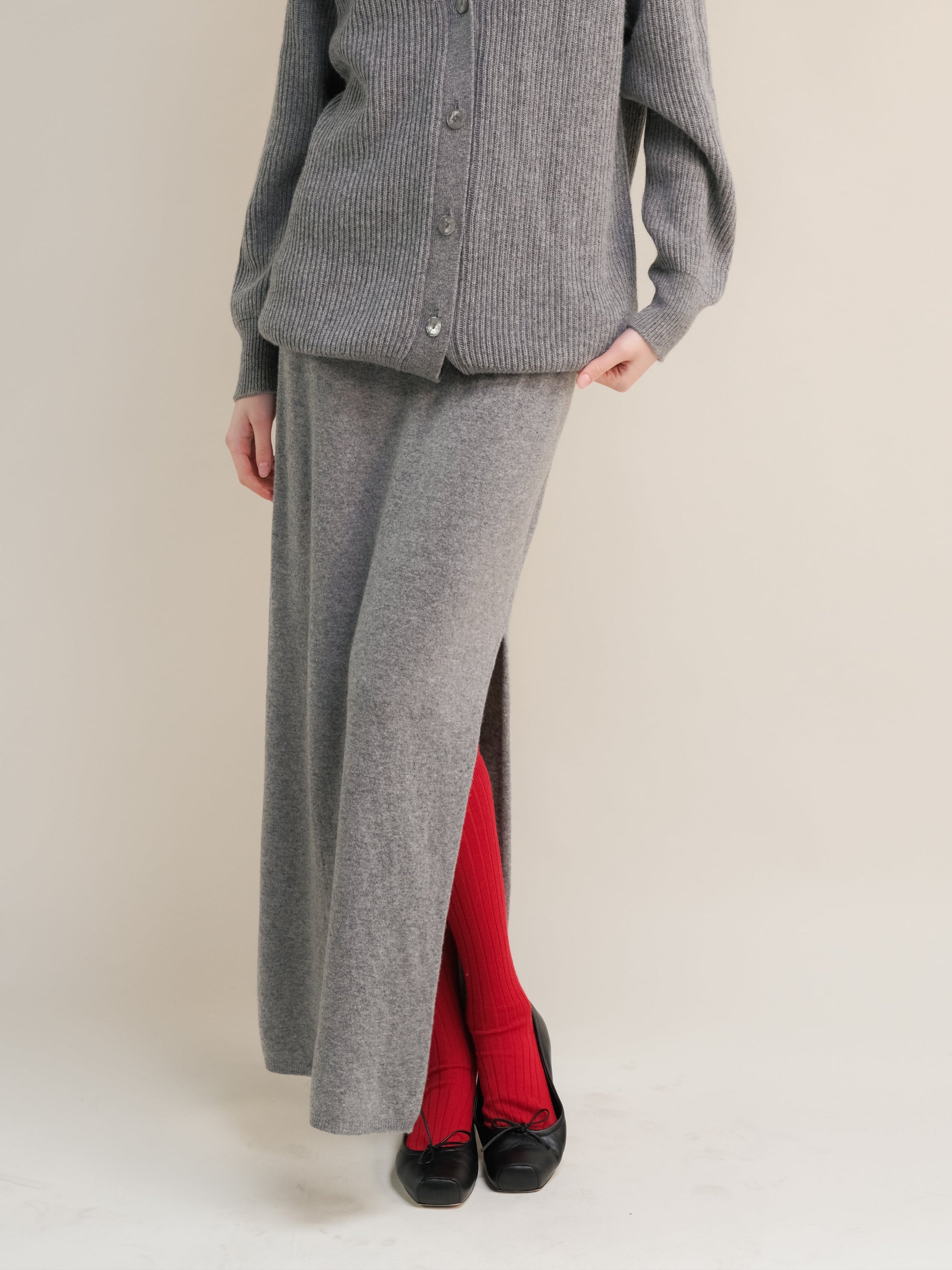 Cashmere Mix High-Waist Long Skirt With Side Slit (3D-Knit)