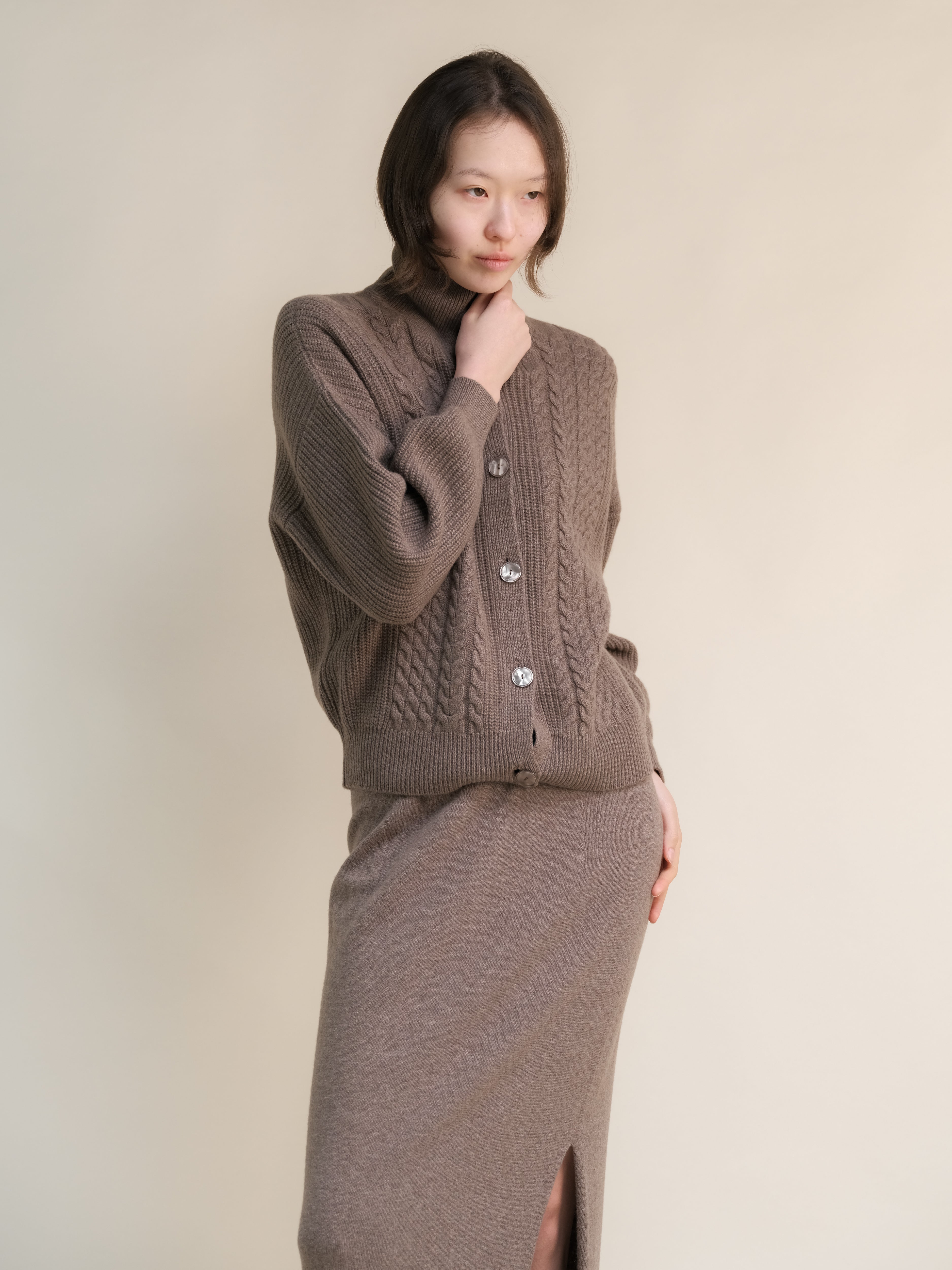 Cashmere Mix Cable Polo Cardigan