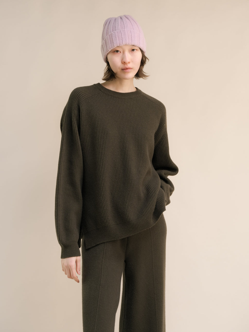 Cashmere Mix Crewneck Ribbed Sweater with Lateral Slits