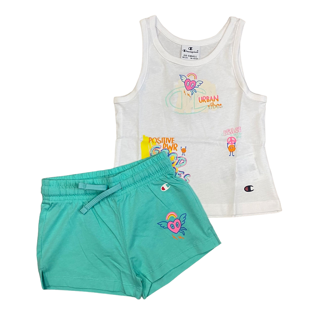 Champion completo da ragazza canotta e pantaloncino 404931 WW001 bianco-verde acqua