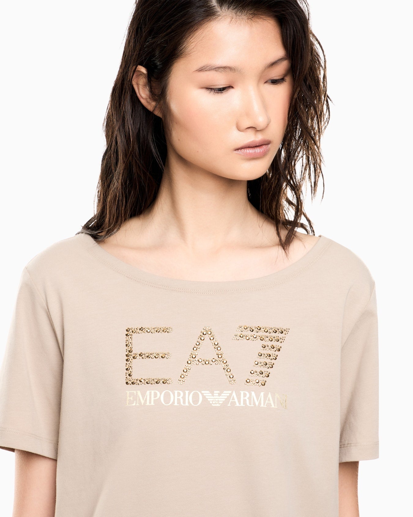EA7 Emporio Armani T-shirt Donna Logo Series Jersey Cotone Stretch Beige - 7W001098