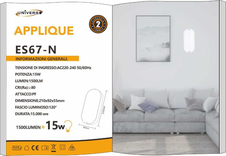 Plafoniera 15W Applique Ovale Lampada Da Esterno Led Muro Parete Ip65 220V 4000K