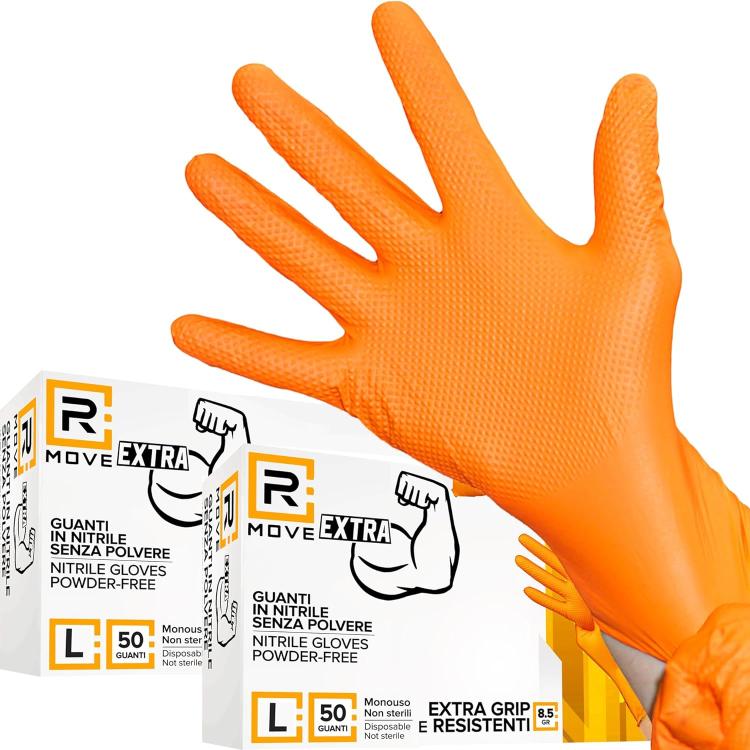 Rmove 50Pz 8.5Gr Da Lavoro Guanti Nitrile Arancione Senza Polvere Full Grip (L)
