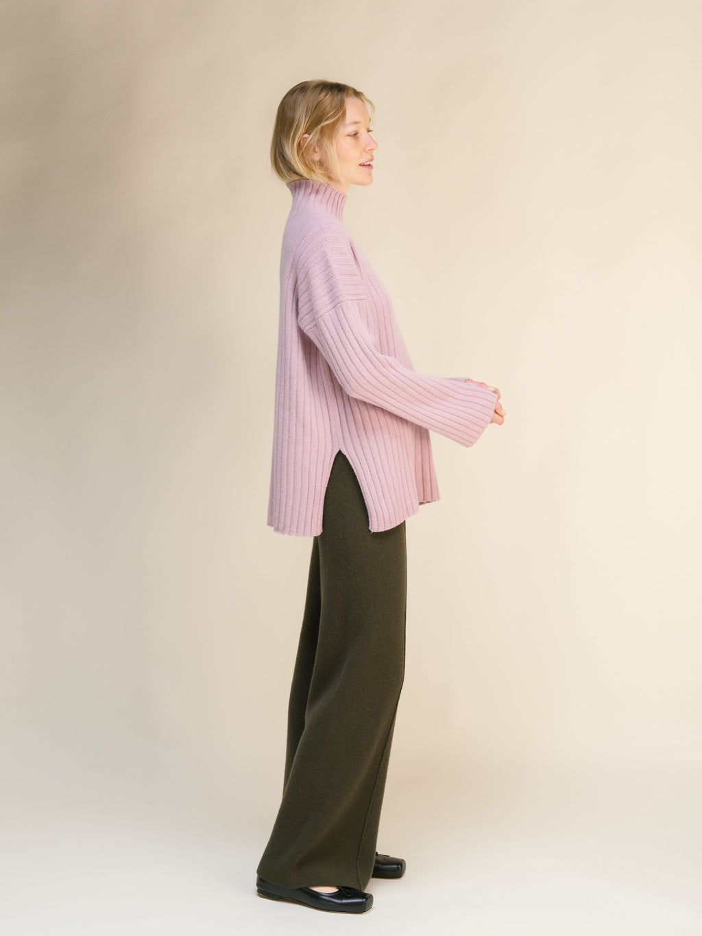 Cashmere Mix Ribbed High Neck with Lateral Slits