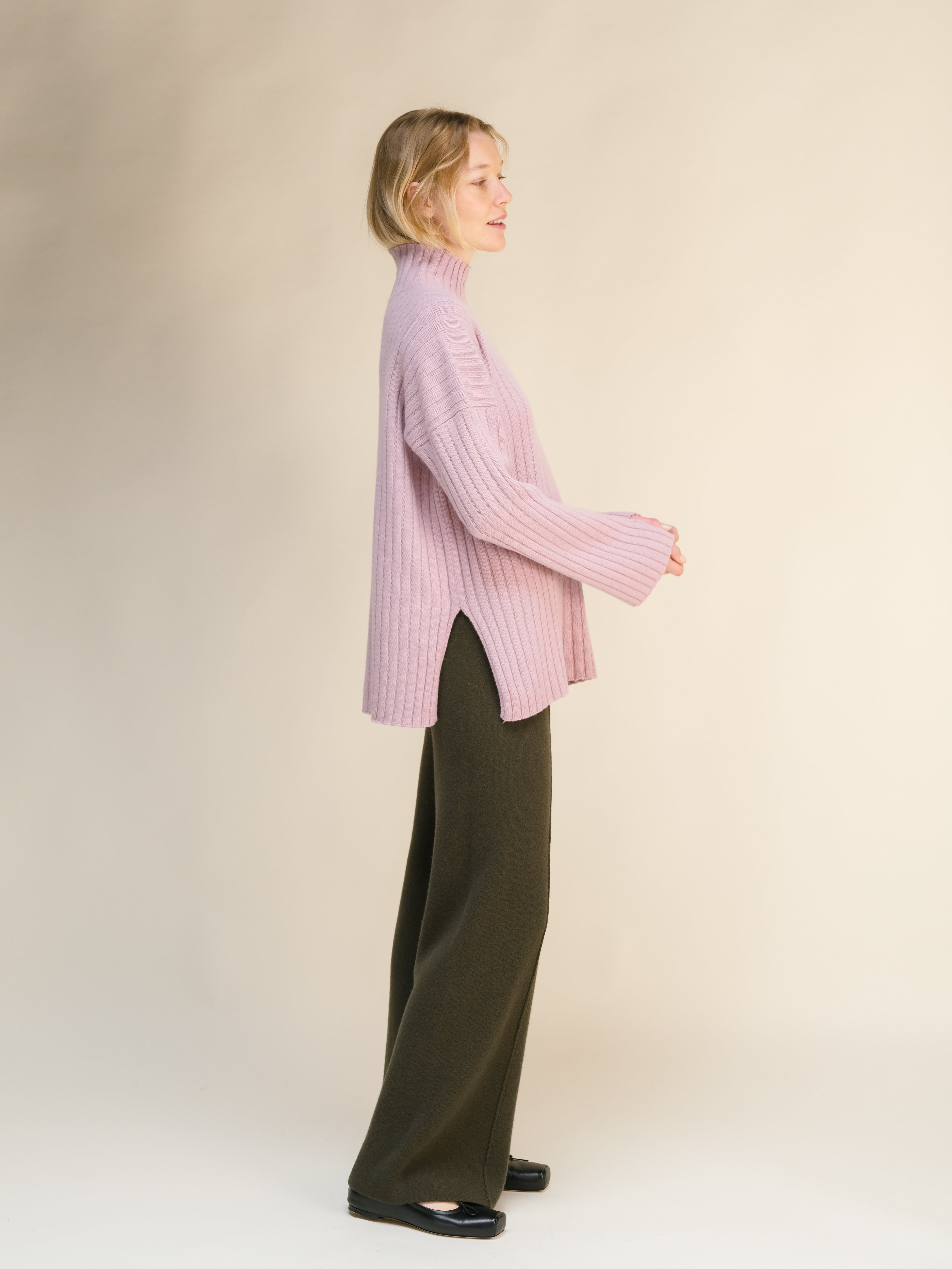 Cashmere Mix Ribbed High Neck with Lateral Slits