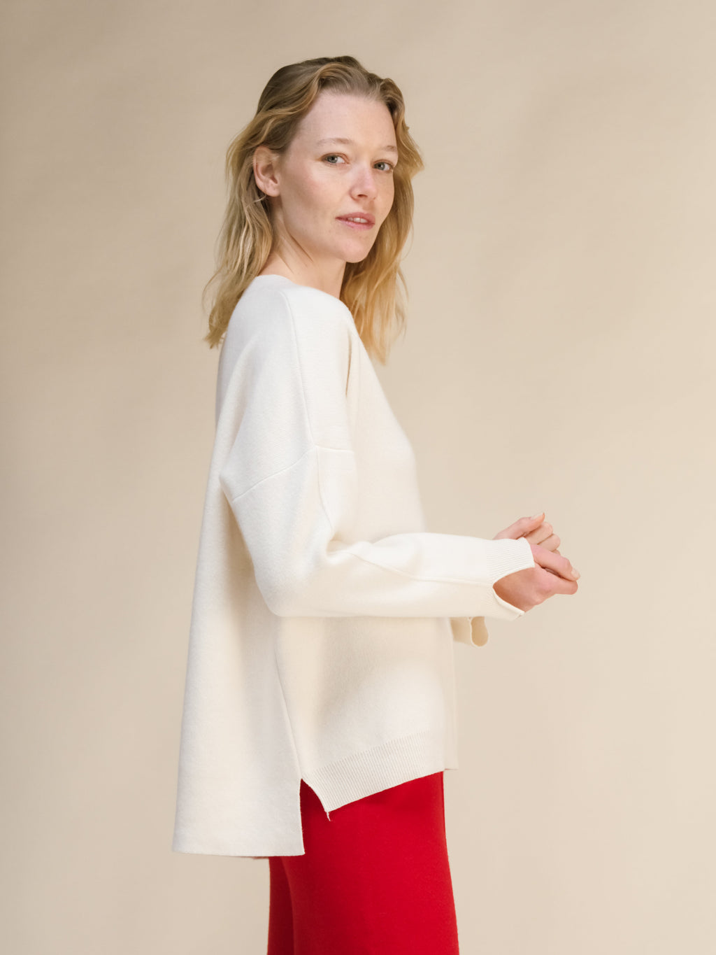 Cashmere Mix Solid Maxi V Neck with Lateral Slits