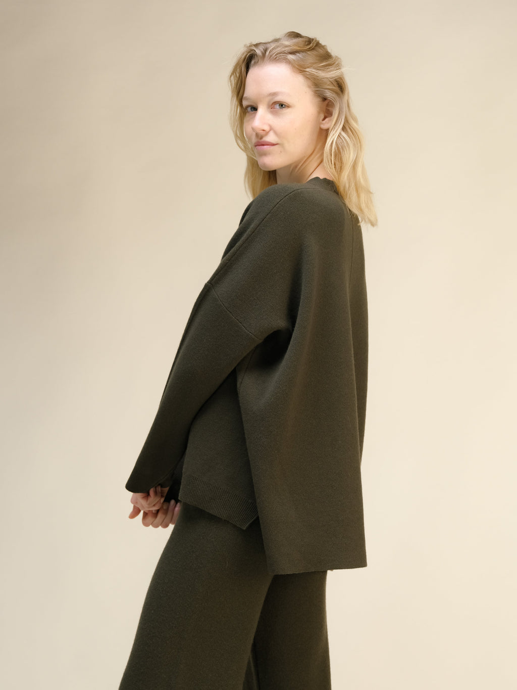 Cashmere Mix Solid Maxi V Neck with Lateral Slits