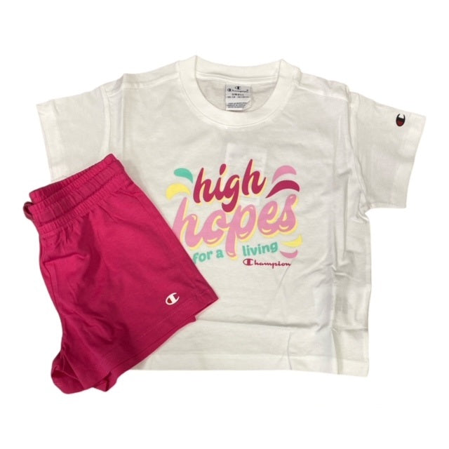 Champion Completo ragazza T-shirt manica corta e pantaloncino 404396 WW001 WHT white