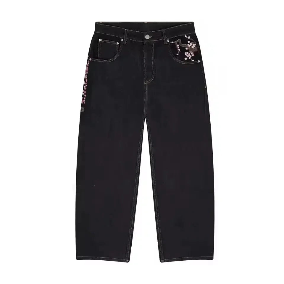 Casual suit retro low waist hip hop cherry blossom embroidered jeans wide leg pants y2k clothing mens embroidered loose jeans