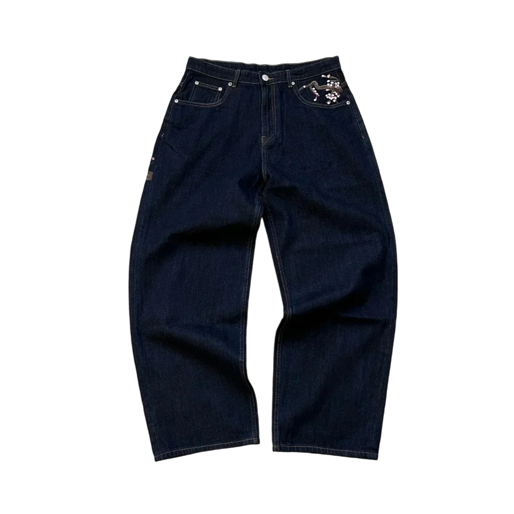 Casual suit retro low waist hip hop cherry blossom embroidered jeans wide leg pants y2k clothing mens embroidered loose jeans