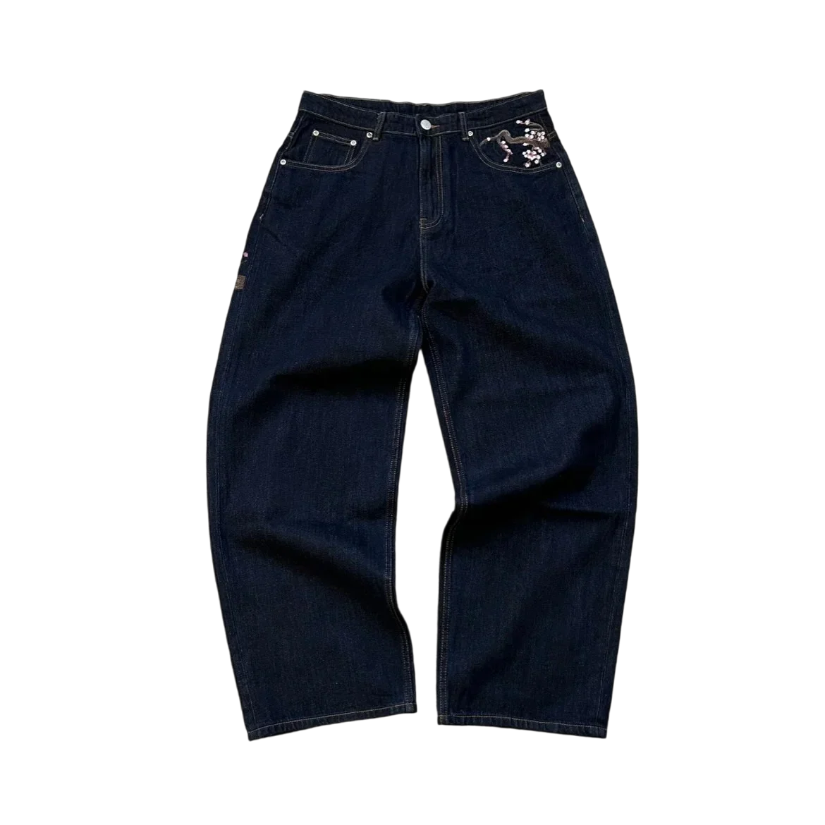 Casual suit retro low waist hip hop cherry blossom embroidered jeans wide leg pants y2k clothing mens embroidered loose jeans
