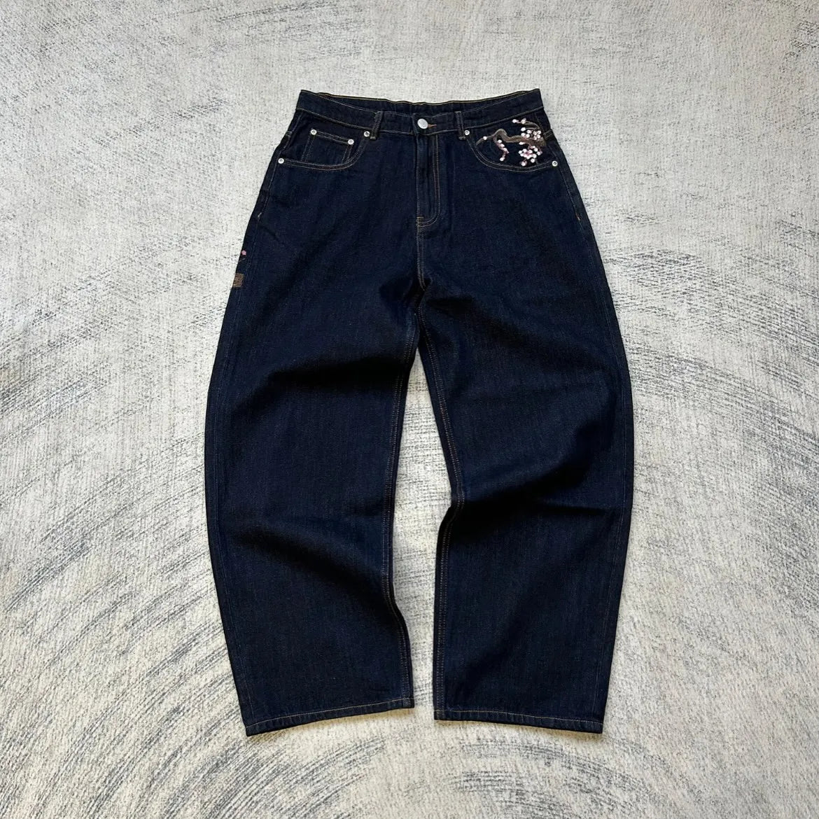 Casual suit retro low waist hip hop cherry blossom embroidered jeans wide leg pants y2k clothing mens embroidered loose jeans